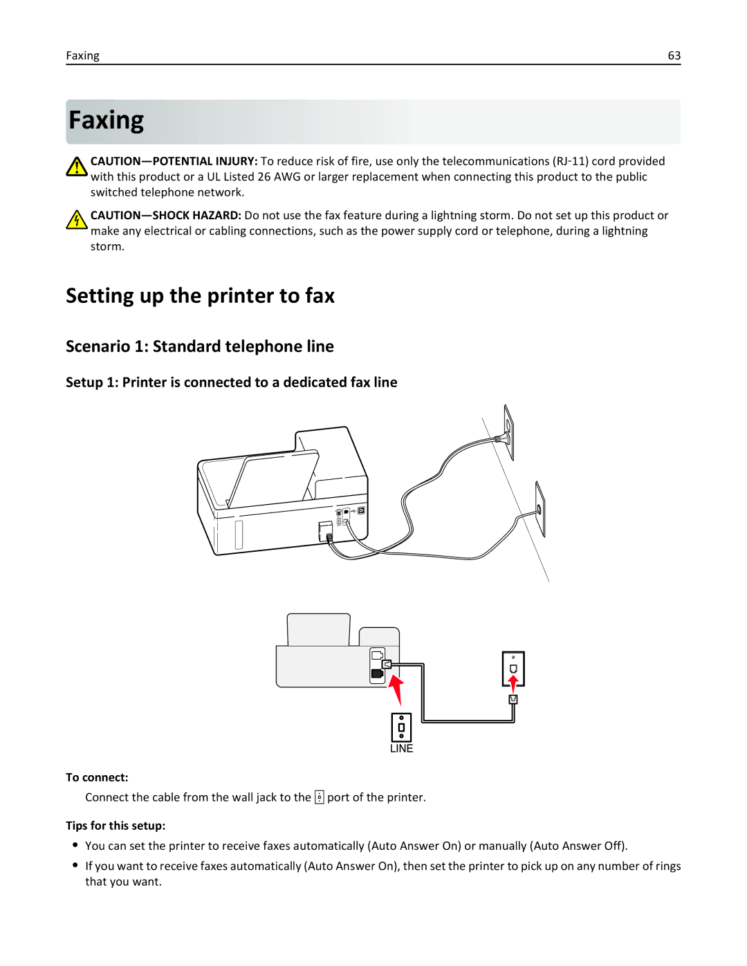 Lexmark 40E, S410 manual Faxing, Setting up the printer to fax, Scenario 1 Standard telephone line 