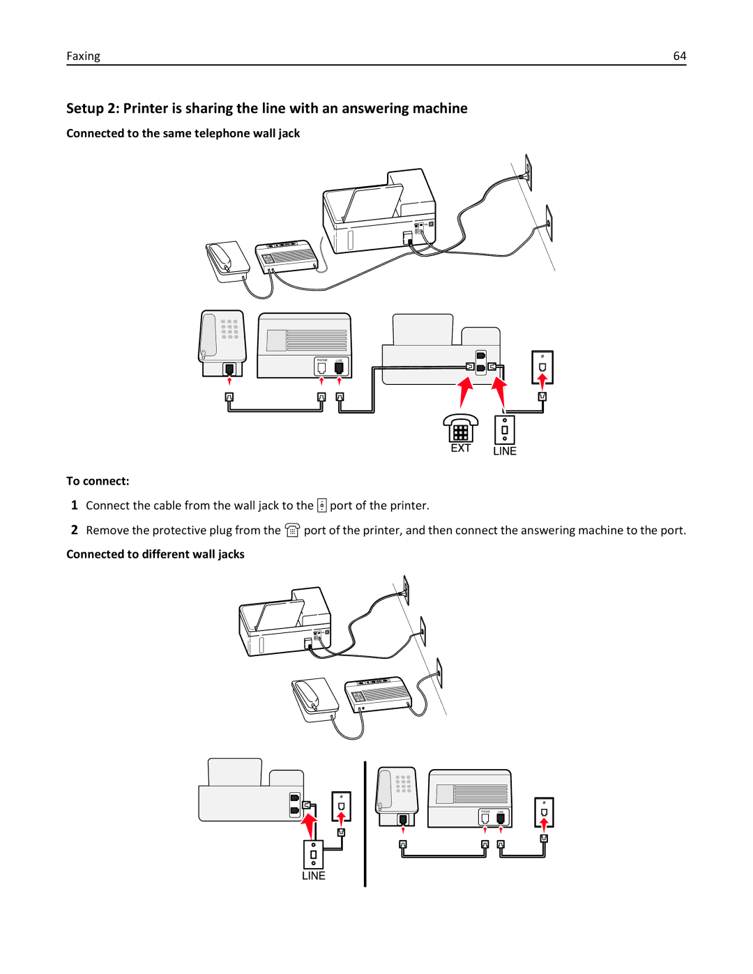 Lexmark S410, 40E manual Connected to the same telephone wall jack, Connected to different wall jacks 