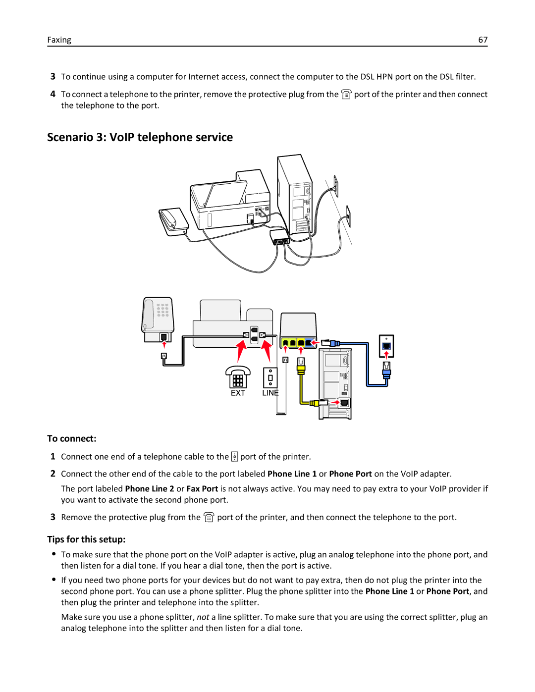 Lexmark 40E, S410 manual Scenario 3 VoIP telephone service, To connect, Tips for this setup 