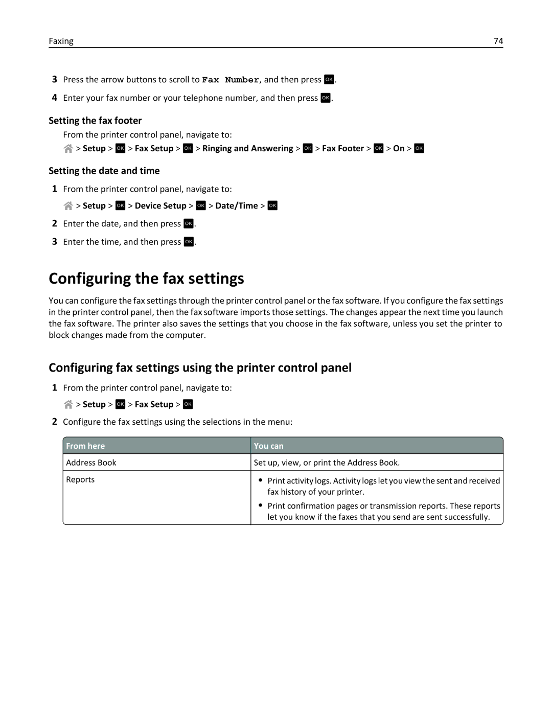 Lexmark S410, 40E manual Configuring the fax settings, Configuring fax settings using the printer control panel 