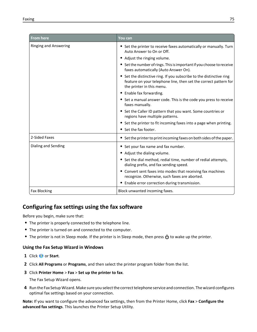 Lexmark 40E Configuring fax settings using the fax software, Using the Fax Setup Wizard in Windows, From here You can 