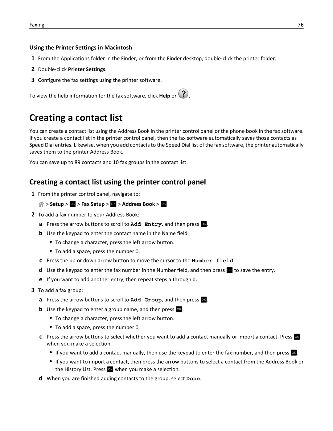 Lexmark S410, 40E Creating a contact list using the printer control panel, Using the Printer Settings in Macintosh 