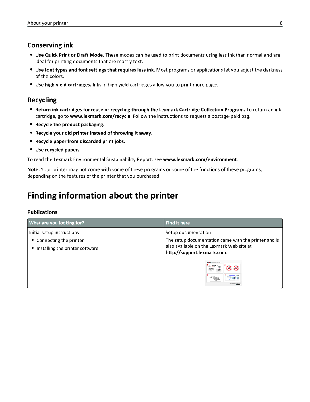 Lexmark S410, 40E manual Finding information about the printer, Conserving ink, Recycling, Publications 