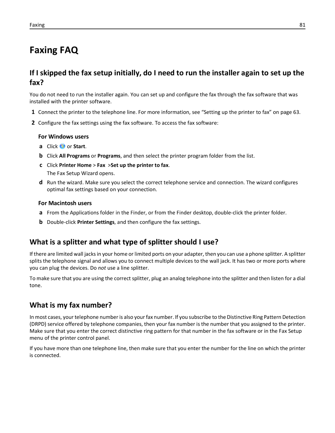 Lexmark 40E, S410 manual Faxing FAQ, What is a splitter and what type of splitter should I use?, What is my fax number? 