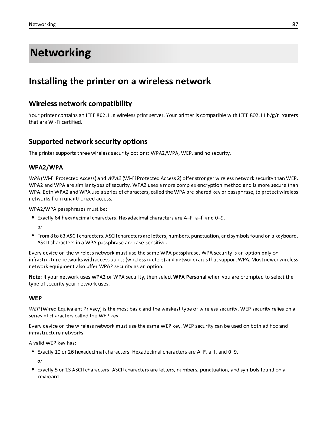 Lexmark 40E, S410 manual Networking, Installing the printer on a wireless network, Wireless network compatibility 