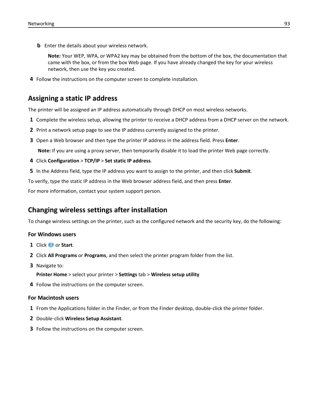 Lexmark 40E, S410 manual Assigning a static IP address, Changing wireless settings after installation 