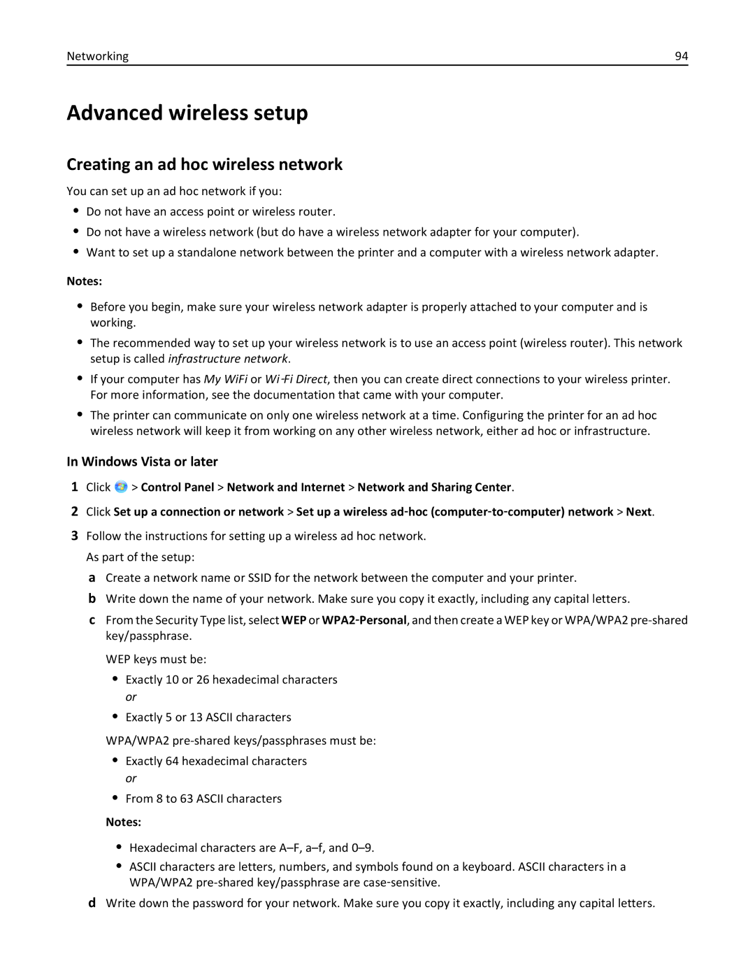 Lexmark S410, 40E manual Advanced wireless setup, Creating an ad hoc wireless network, Windows Vista or later 