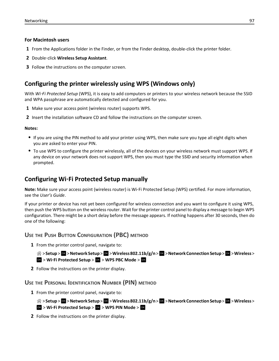 Lexmark 40E, S410 Configuring the printer wirelessly using WPS Windows only, Configuring Wi‑Fi Protected Setup manually 