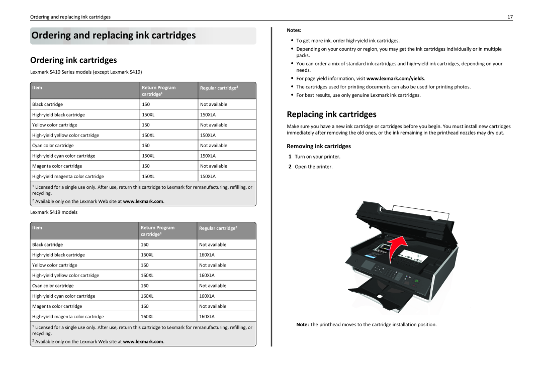 Lexmark 90T4110 Ordering and replacing ink cartridges, Ordering ink cartridges, Replacing ink cartridges, Item, cartridge1 