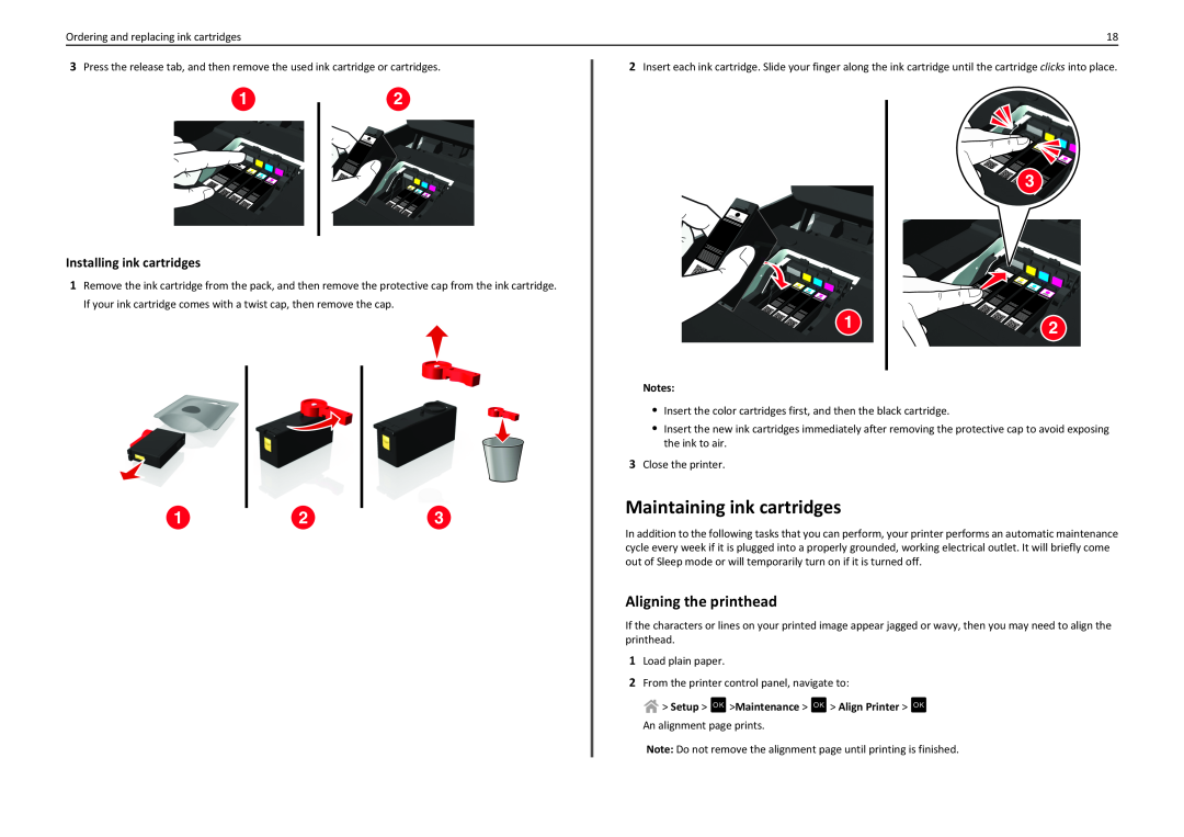 Lexmark S410, S415, 90T4110 manual Maintaining ink cartridges, Aligning the printhead, Installing ink cartridges 