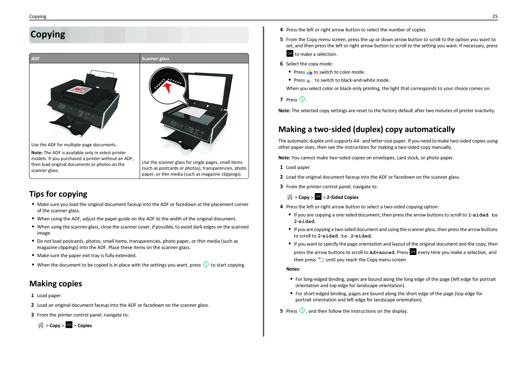 Lexmark S415, S410 Copying, Making a two‑sided duplex copy automatically, Tips for copying, Making copies, Scanner glass 