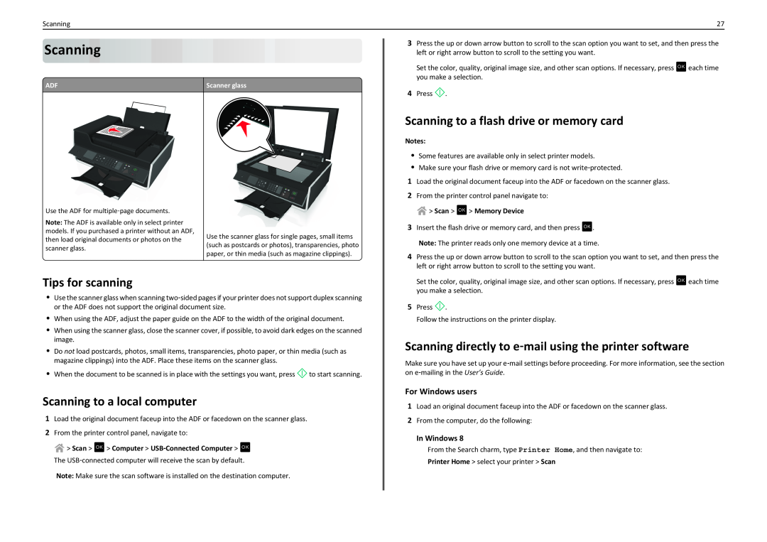 Lexmark S410 Scanning to a flash drive or memory card, Tips for scanning, Scanning to a local computer, In Windows 