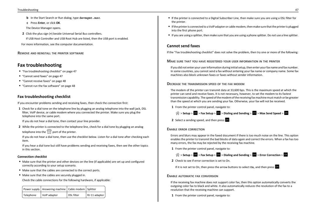 Lexmark 90T4110, S410, S415 manual Fax troubleshooting checklist, Cannot send faxes, Connection checklist 