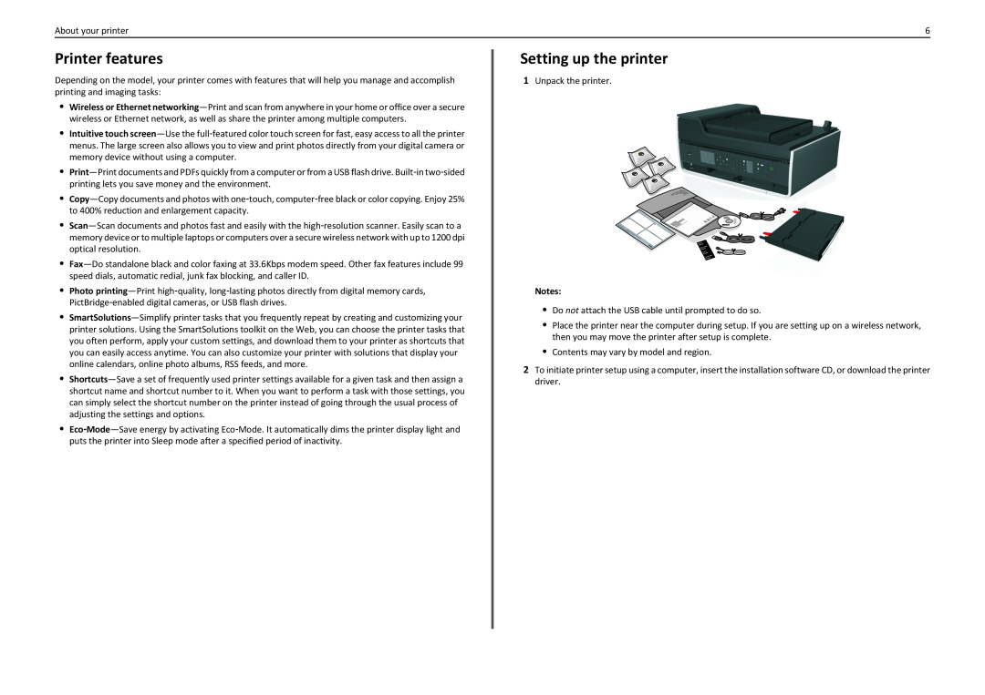 Lexmark S410, S415, 90T4110 manual Printer features, Setting up the printer, Notes 