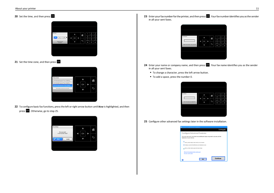 Lexmark 90T4110, S410, S415 manual About your printer Set the time, and then press OK, Set the time zone, and then press OK 