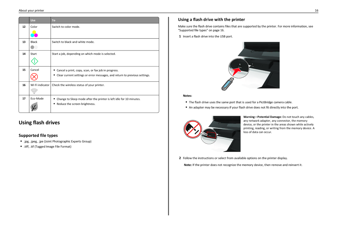 Lexmark S415, S410, 90T4110 manual Using flash drives, Supported file types, Using a flash drive with the printer 