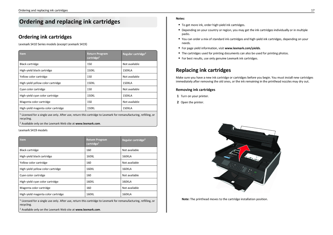 Lexmark 90T4110, S410, S415 manual Ordering and replacing ink cartridges, Ordering ink cartridges, Replacing ink cartridges 