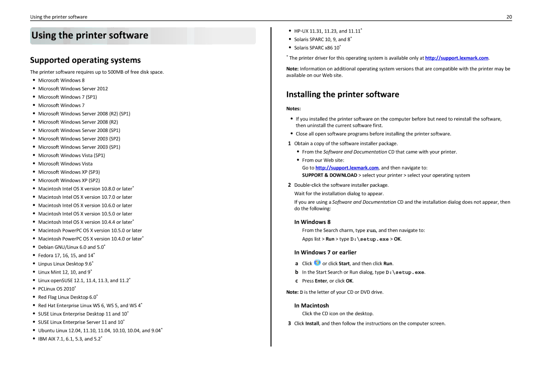 Lexmark 90T4110, S410, S415 manual Using the printer software, Supported operating systems, Installing the printer software 