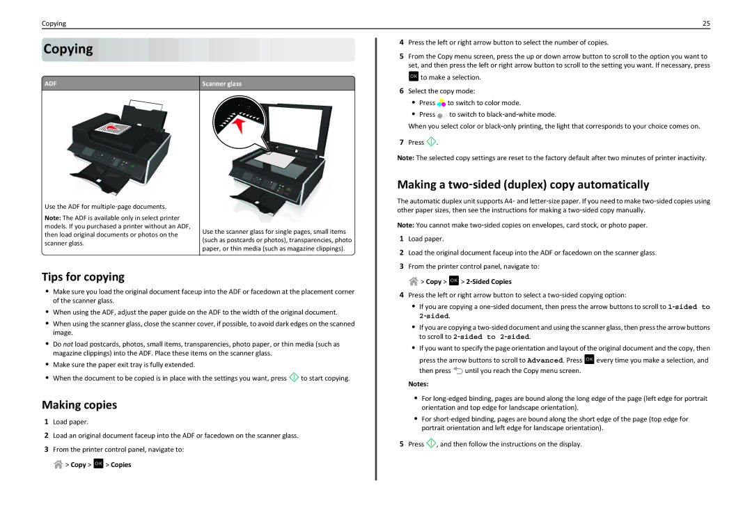 Lexmark S415, S410, 90T4110 manual Copying, Making a two‑sided duplex copy automatically, Tips for copying, Making copies 