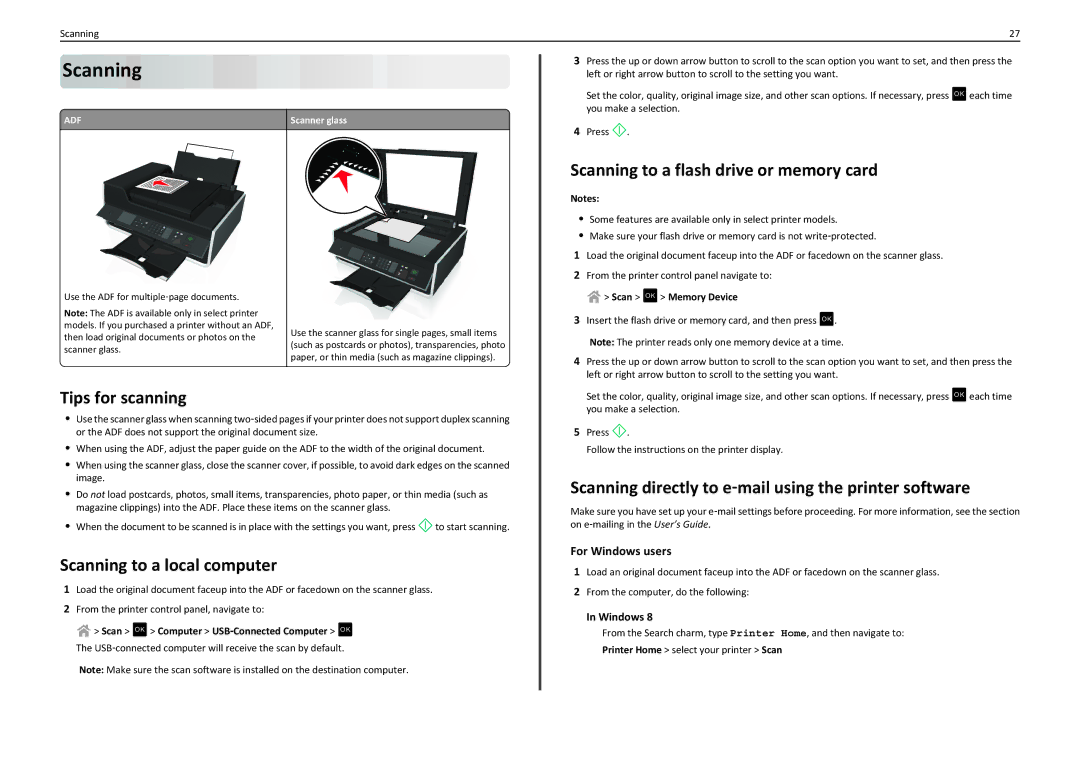 Lexmark S410, S415, 90T4110 Scanning to a flash drive or memory card, Tips for scanning, Scanning to a local computer 