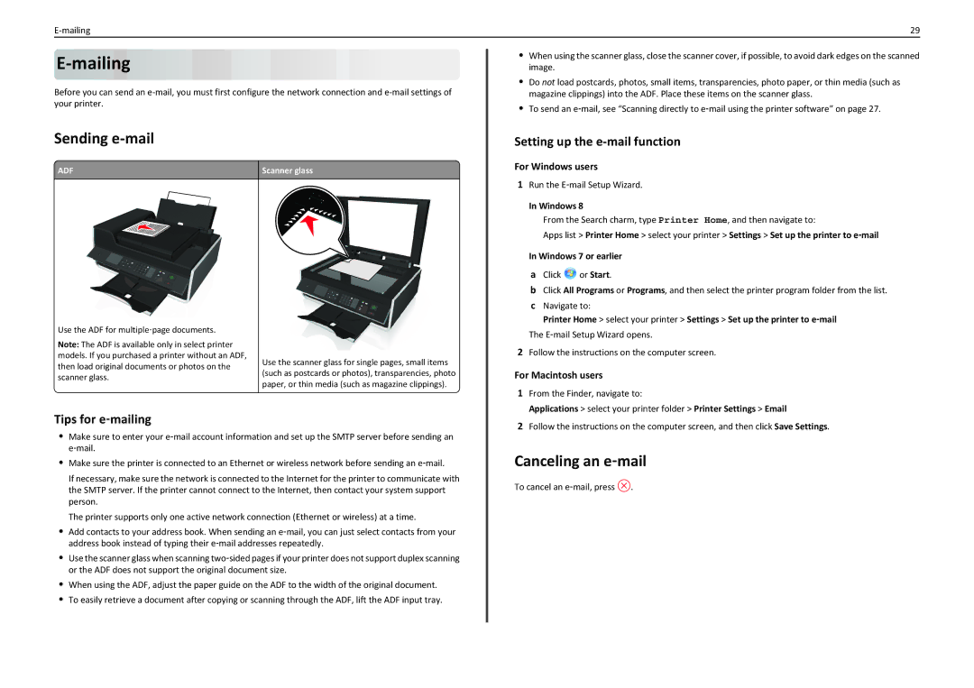 Lexmark 90T4110, S410, S415 manual Sending e-mail, Canceling an e‑mail, Setting up the e-mail function, Tips for e‑mailing 