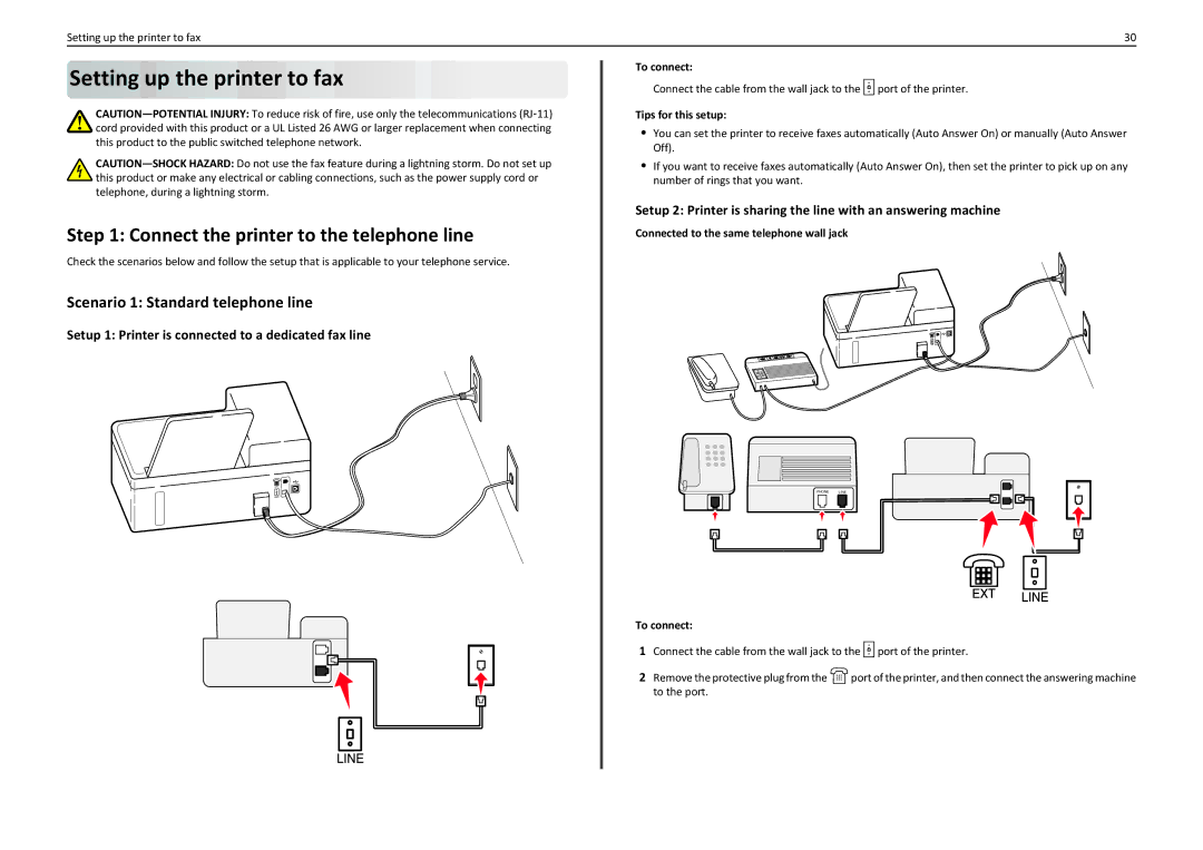 Lexmark S410 Setting up the printer to fax, Connect the printer to the telephone line, Scenario 1 Standard telephone line 