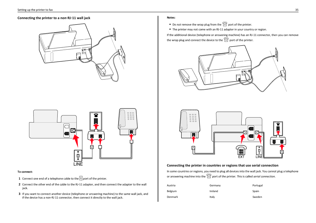 Lexmark 90T4110, S410, S415 manual Connecting the printer to a non‑RJ‑11 wall jack, Belgium Ireland Spain Denmark Italy 