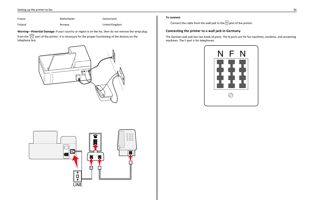 Lexmark S410, S415, 90T4110 manual Connecting the printer to a wall jack in Germany 