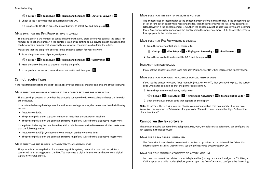 Lexmark S410, S415, 90T4110 manual Cannot receive faxes, Cannot run the fax software 