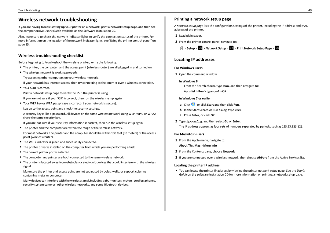 Lexmark S415, S410, 90T4110 Wireless network troubleshooting, Wireless troubleshooting checklist, Printing a network setup 