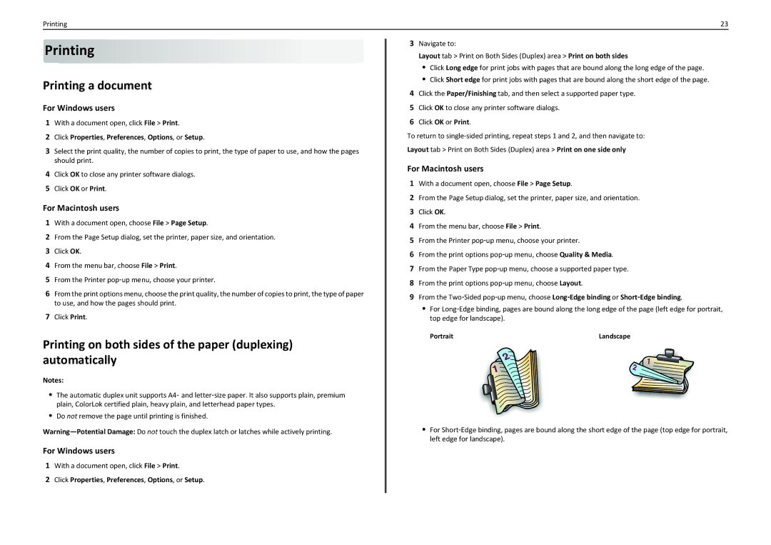 Lexmark S410 manual Printing a document, Printing on both sides of the paper duplexing automatically, PortraitLandscape 