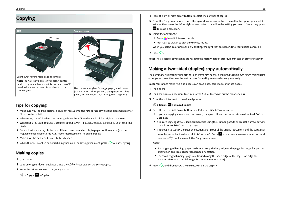 Lexmark S410 manual Copying, Tips for copying, Making copies, Making a two‑sided duplex copy automatically 