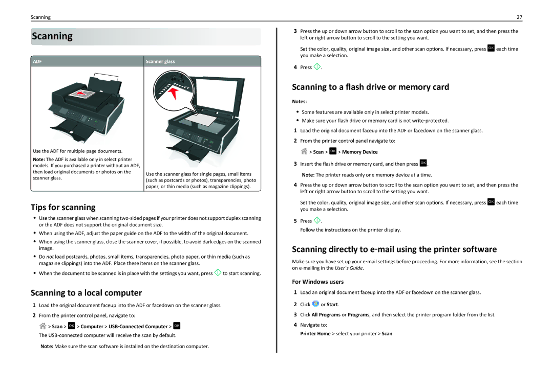 Lexmark S410 manual Tips for scanning, Scanning to a local computer, Scanning to a flash drive or memory card 