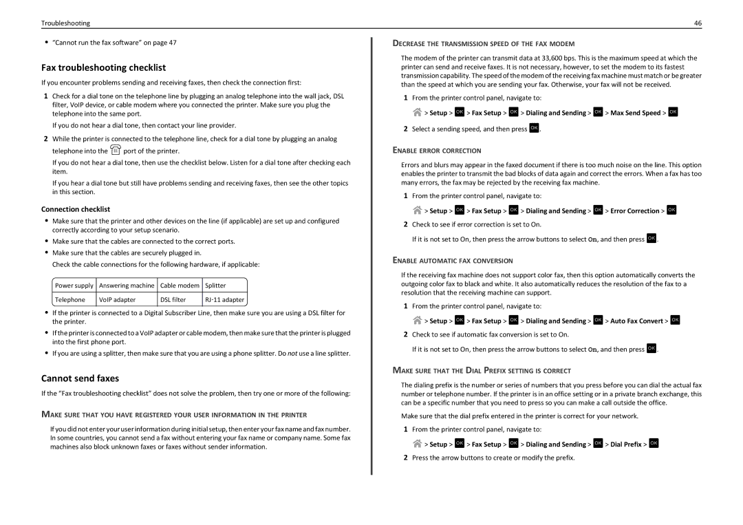 Lexmark S410 manual Fax troubleshooting checklist, Cannot send faxes, Connection checklist 