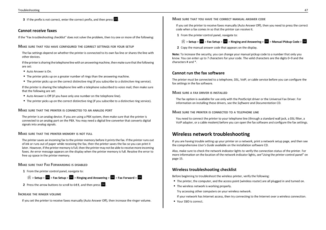 Lexmark S410 manual Wireless network troubleshooting, Cannot receive faxes, Cannot run the fax software 