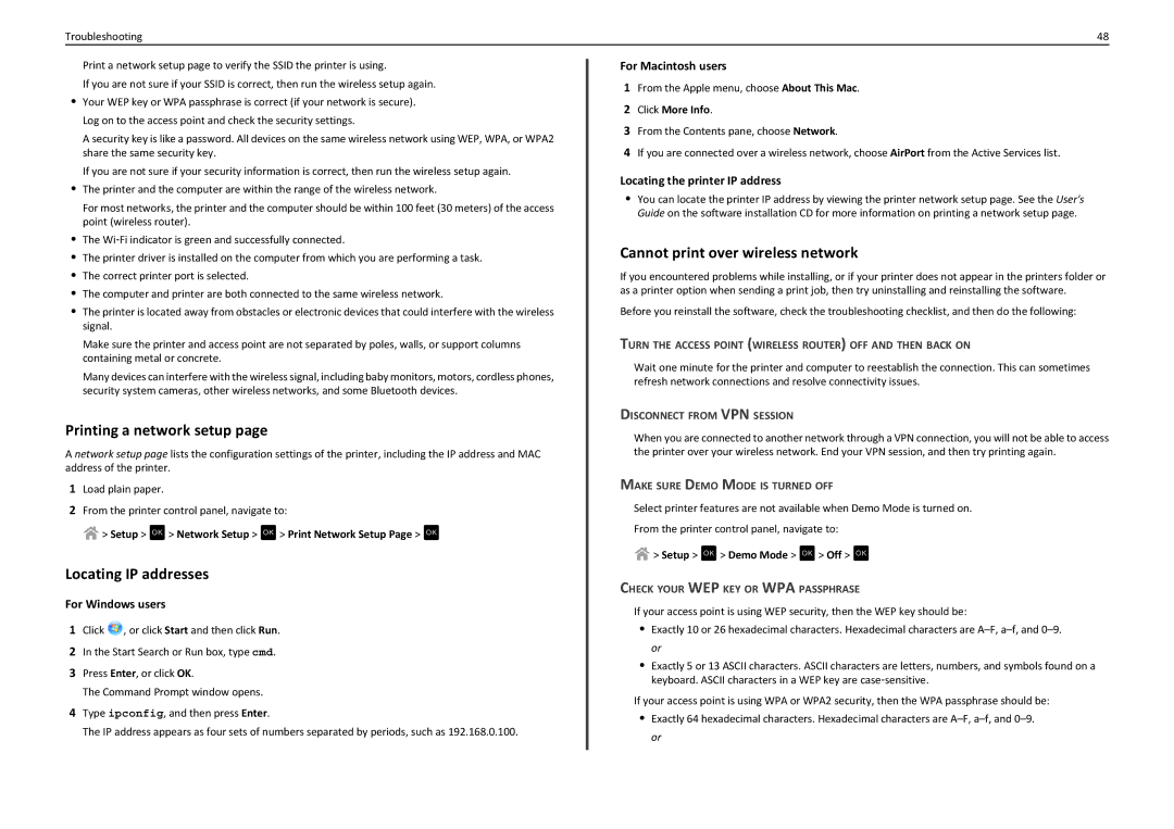 Lexmark S410 manual Printing a network setup, Locating IP addresses, Cannot print over wireless network 