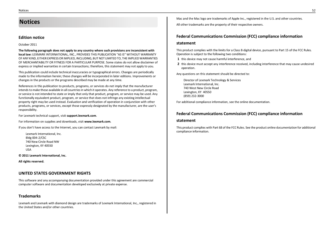 Lexmark S410 manual Edition notice, Trademarks, October, Lexmark International, Inc All rights reserved 