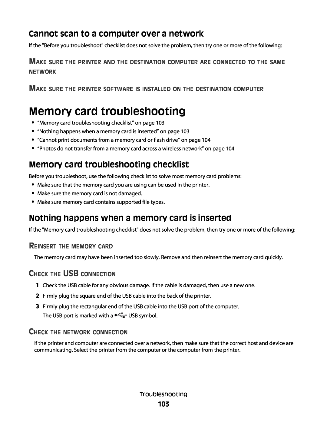 Lexmark 30E Cannot scan to a computer over a network, Memory card troubleshooting checklist, Reinsert The Memory Card 