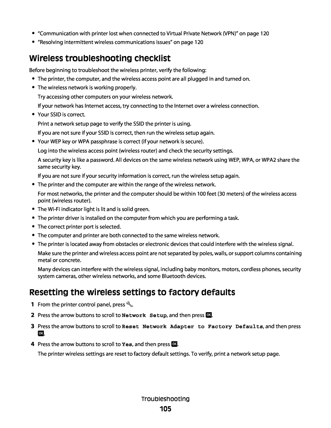 Lexmark S500, 30E, 301 manual Wireless troubleshooting checklist, Resetting the wireless settings to factory defaults 