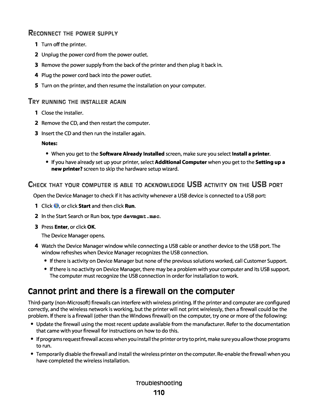 Lexmark 301, S500, 30E manual Cannot print and there is a firewall on the computer, Reconnect The Power Supply 