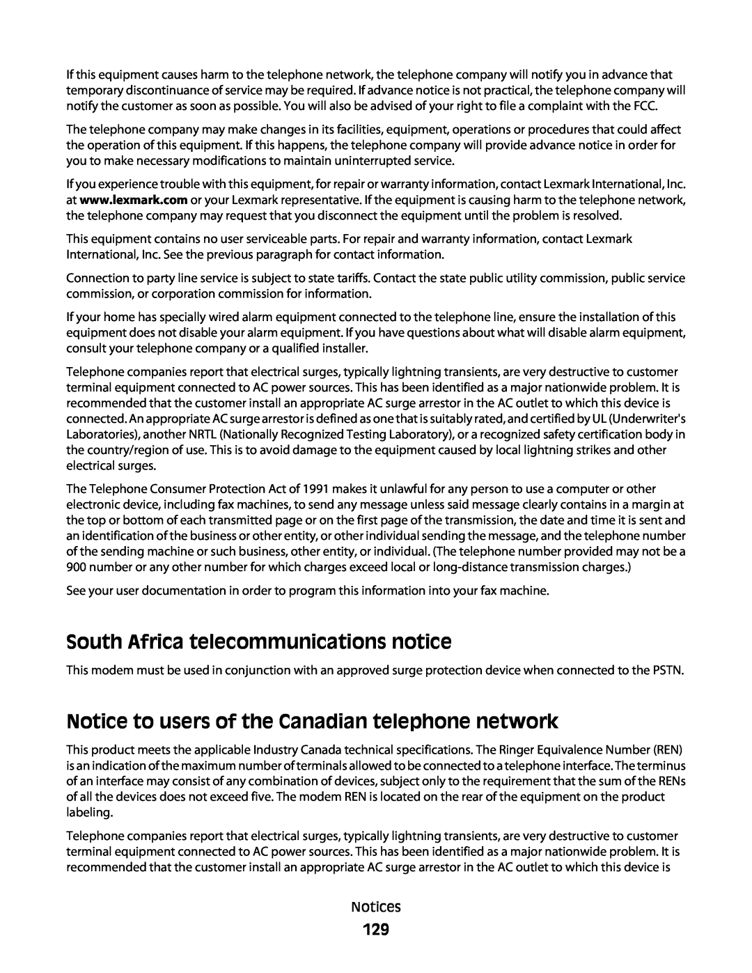 Lexmark S500, 30E, 301 manual South Africa telecommunications notice, Notice to users of the Canadian telephone network 