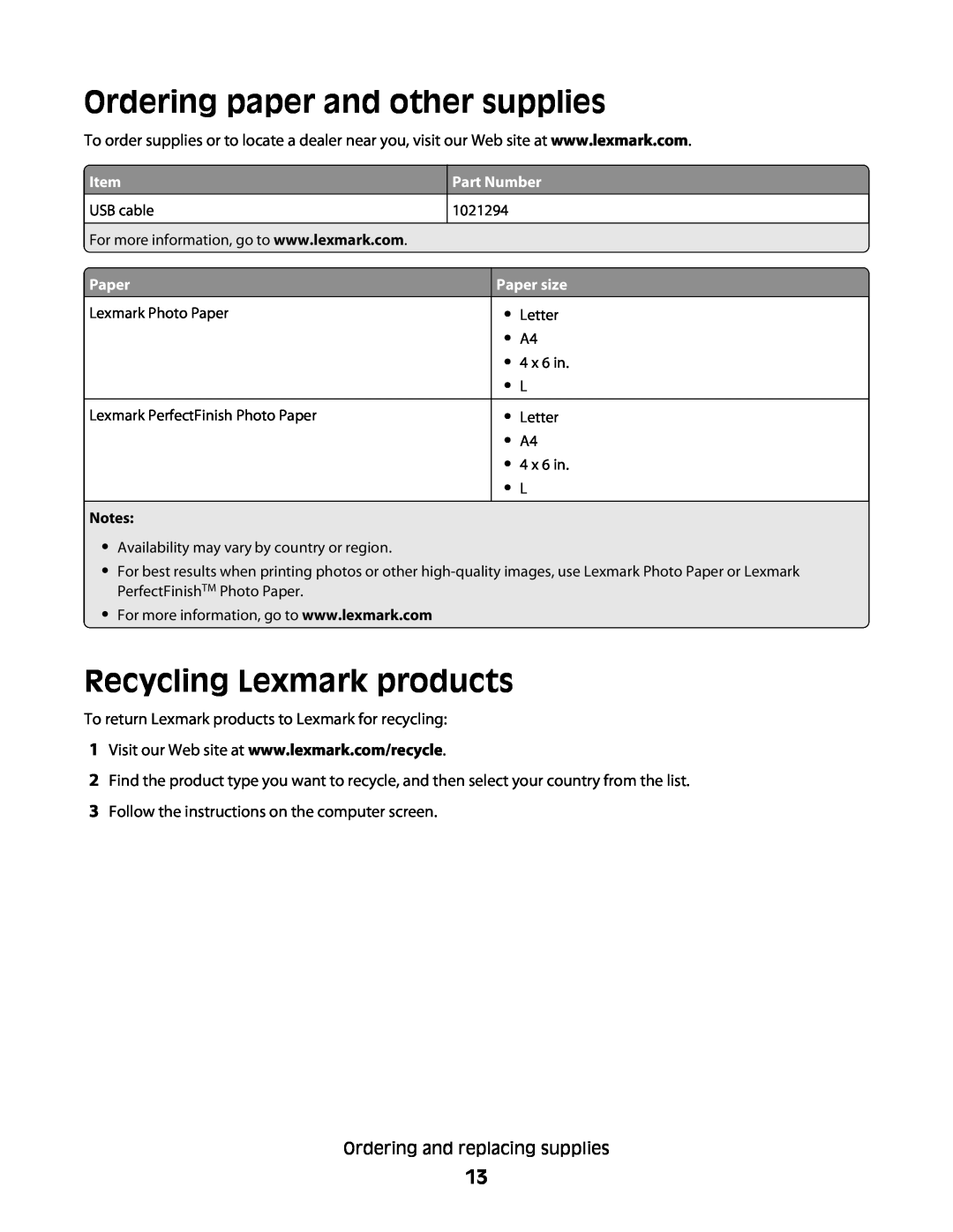 Lexmark 30E, S500, 301 manual Ordering paper and other supplies, Recycling Lexmark products, Part Number, Paper size 