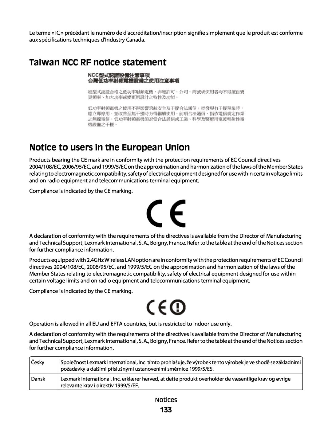 Lexmark 30E, S500, 301 manual Taiwan NCC RF notice statement Notice to users in the European Union 