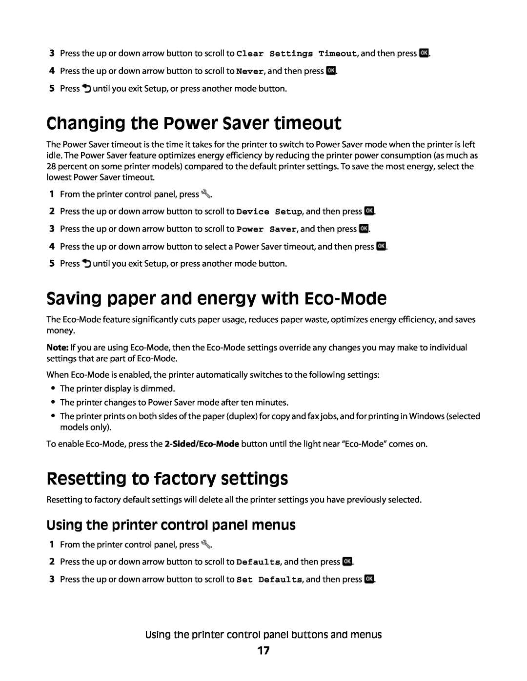 Lexmark 301, S500 Changing the Power Saver timeout, Saving paper and energy with Eco-Mode, Resetting to factory settings 