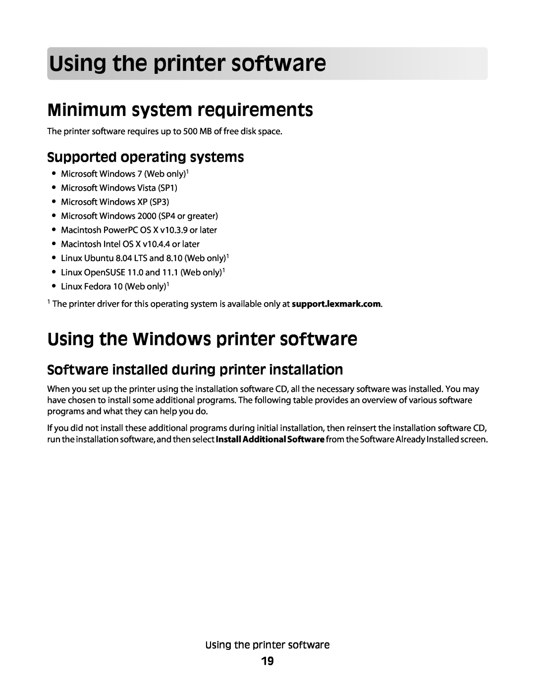 Lexmark 30E, S500, 301 manual Usingthe printersoftware, Minimum system requirements, Using the Windows printer software 