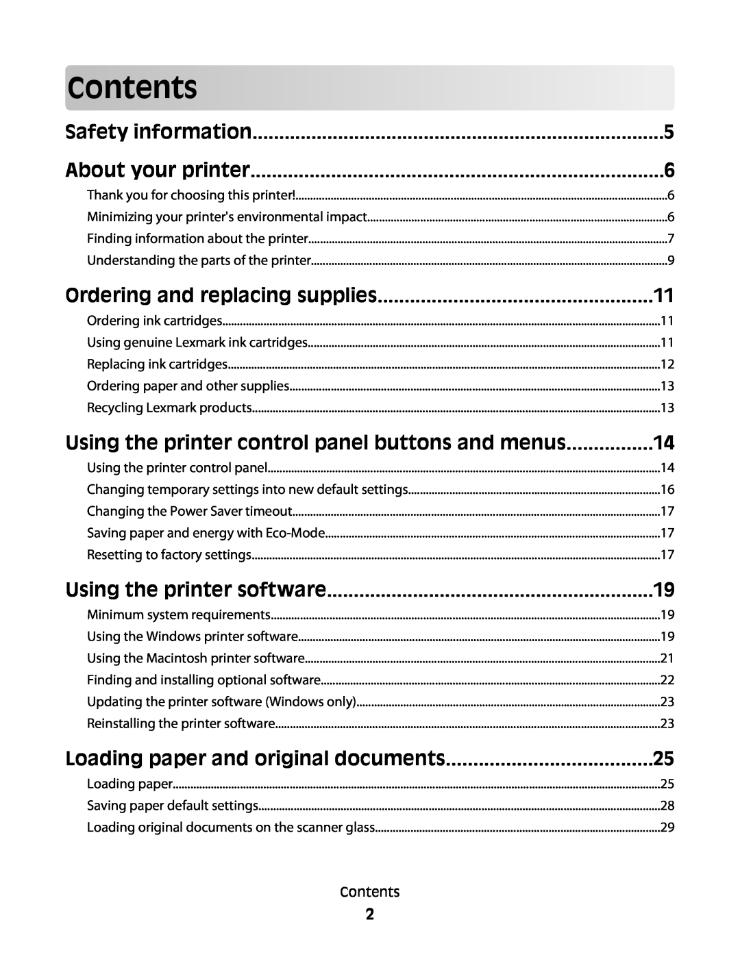 Lexmark 301 Contents, Safety information, About your printer, Ordering and replacing supplies, Using the printer software 