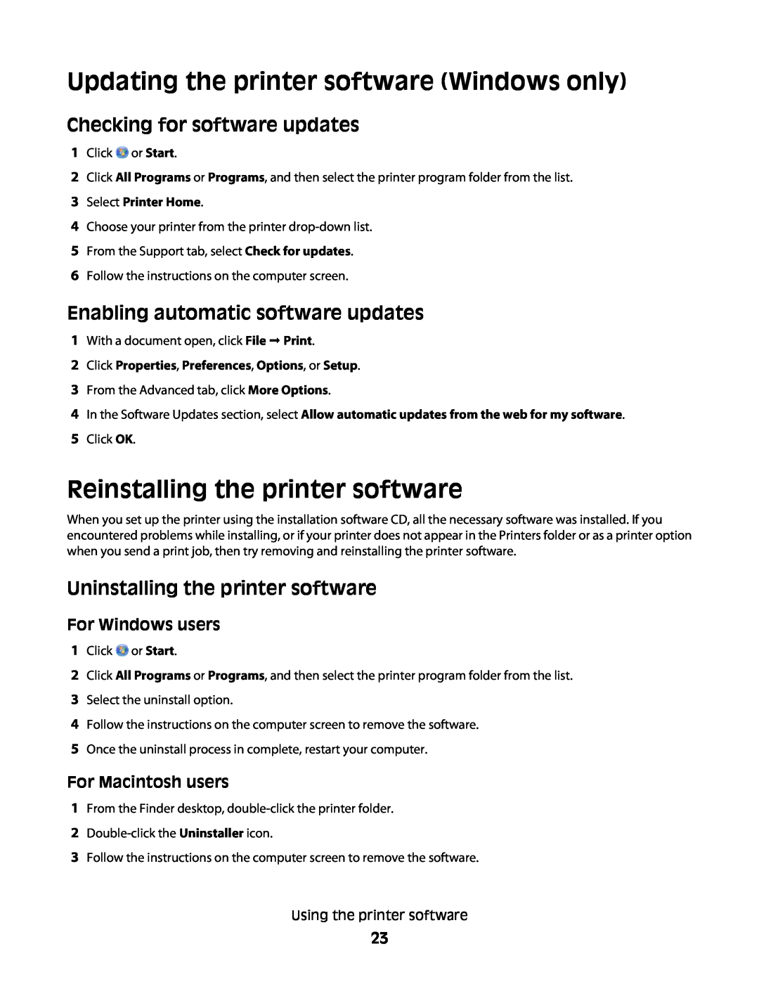 Lexmark 301 Updating the printer software Windows only, Reinstalling the printer software, Checking for software updates 
