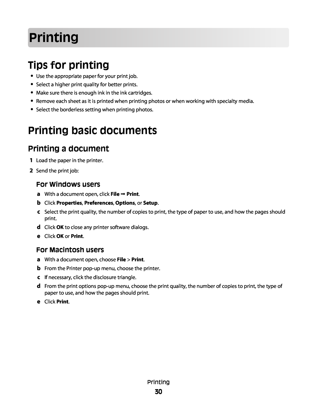 Lexmark S500, 30E, 301 manual Prin ting, Tips for printing, Printing basic documents, Printing a document, For Windows users 