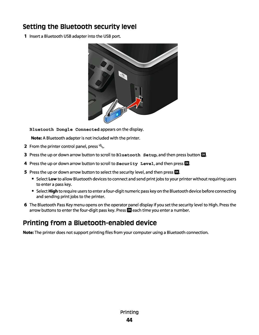 Lexmark 301, S500, 30E manual Setting the Bluetooth security level, Printing from a Bluetooth-enabled device 