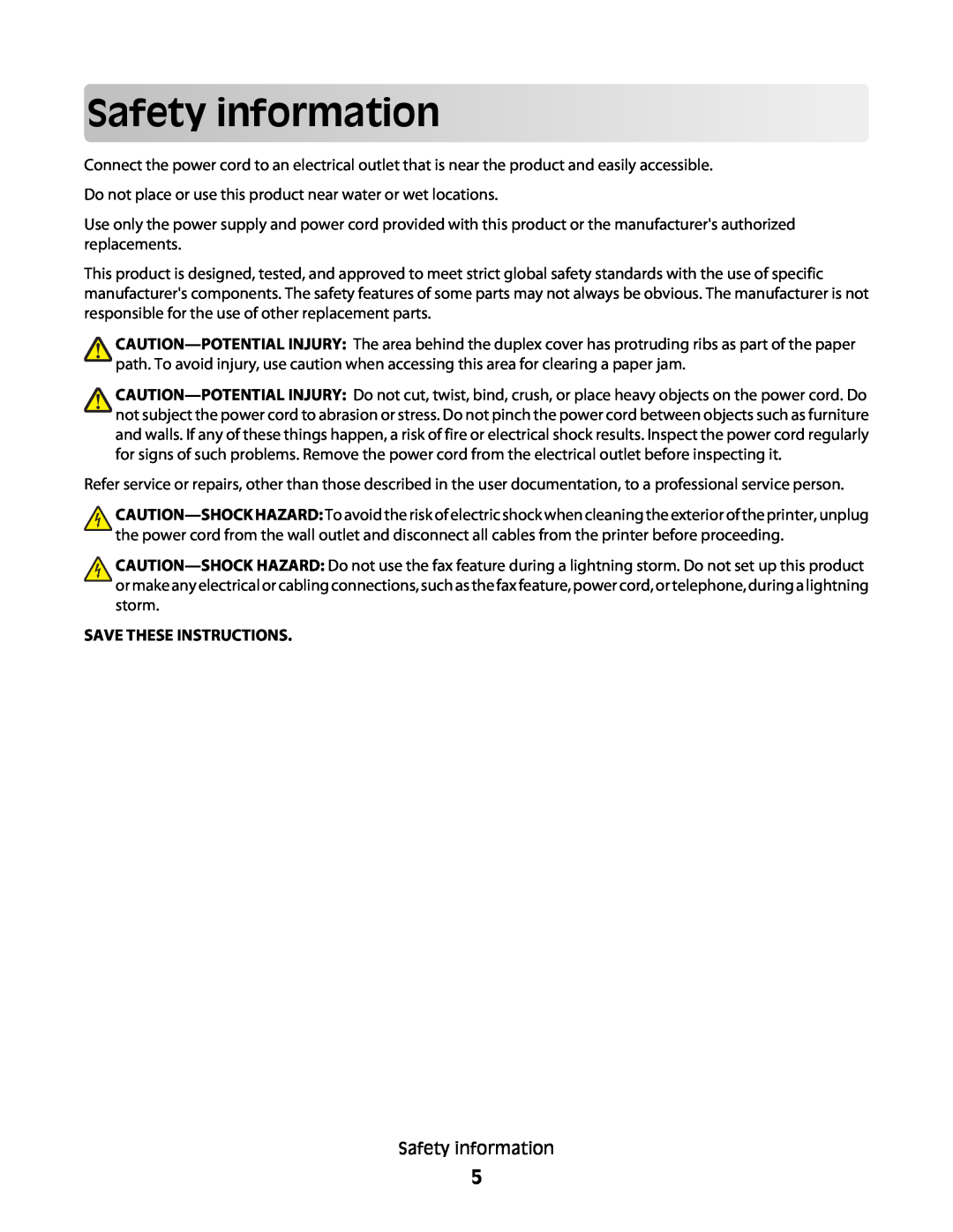 Lexmark 301, S500, 30E manual Safetyinformation, Save These Instructions 